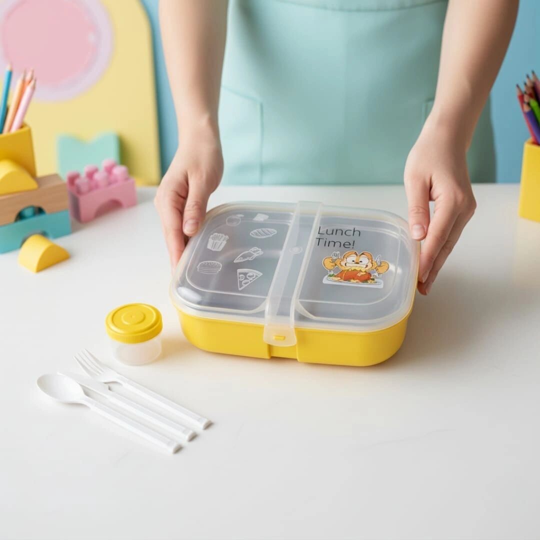 Lunch Box à Deux Compartiments on Inox -Couverts en Plastique Alimentaire-Boite à Sauce -Idéal École Crèche & Université 21/15cm