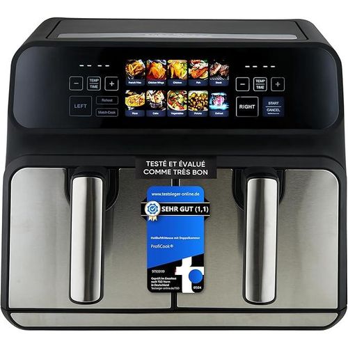 Proficook Friteuse À Air Chaud Sans Huile 8 L (2 X 4 L) Avec Fenêtre Disolation Thermique, 2 200 W