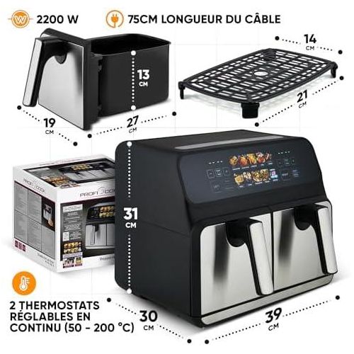 Proficook Friteuse À Air Chaud Sans Huile 8 L (2 X 4 L) Avec Fenêtre Disolation Thermique, 2 200 W