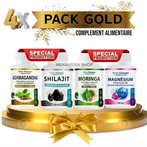 Pack Gold 4 En 1 Gélules – Shilajit, Ashwagandha, Magnésium, Moringa (60 Gélules)