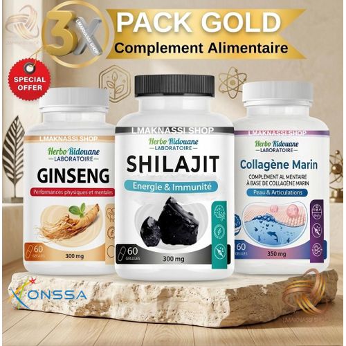 Pack Gold X3 Gin-seng, Shilajit, Collagéne Marine, Complément Alimentaire Bio, 60 Gélules