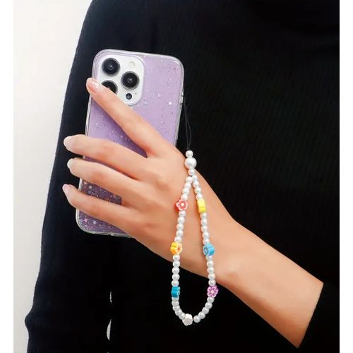 Phone Strap Sangle Charm White Beads & 7 Arc Flower