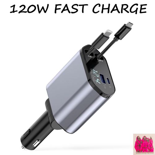 Chargeur Voiture 4-en-1 120w – Charge Rapide Usb & Usb-c Rétractable + Sticker