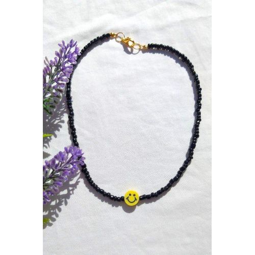 Collier Noir Beads & Happy Face Emoji