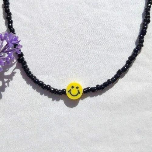 Collier Noir Beads & Happy Face Emoji