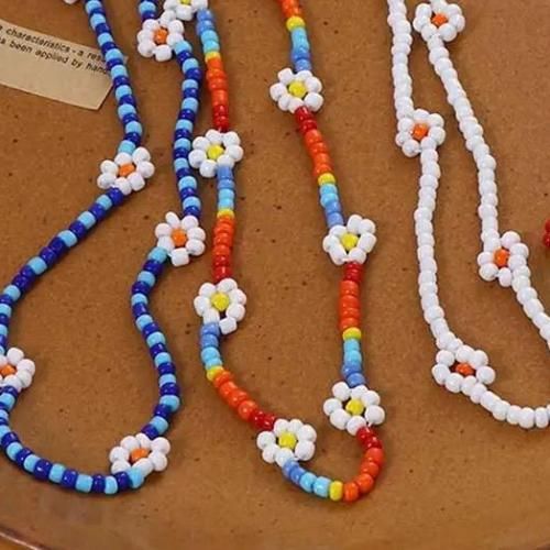 4 Colliers Choker Arc Green Blue White Flower Beads