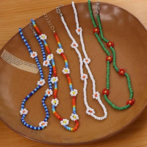 4 Colliers Choker Arc Green Blue White Flower Beads thumbnail 3