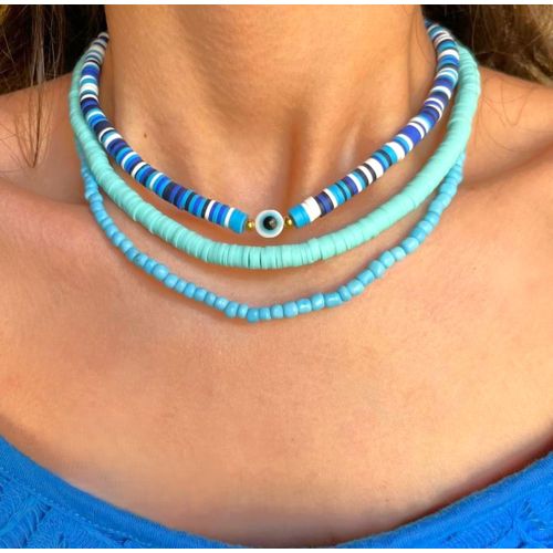 3 Colliers Blue Heishi & Perle With Eye thumbnail 3