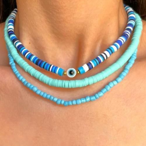 3 Colliers Blue Heishi & Perle With Eye