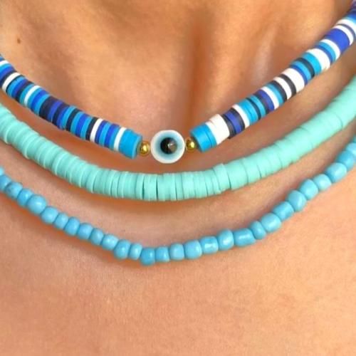 3 Colliers Blue Heishi & Perle With Eye
