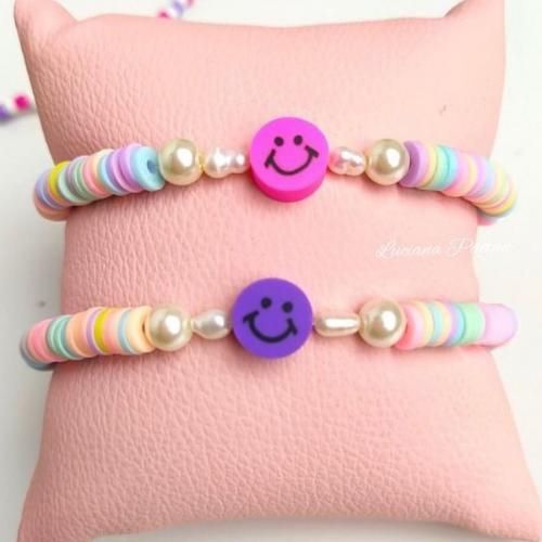 2 Bracelets Heishi Pink & Purple Smiley