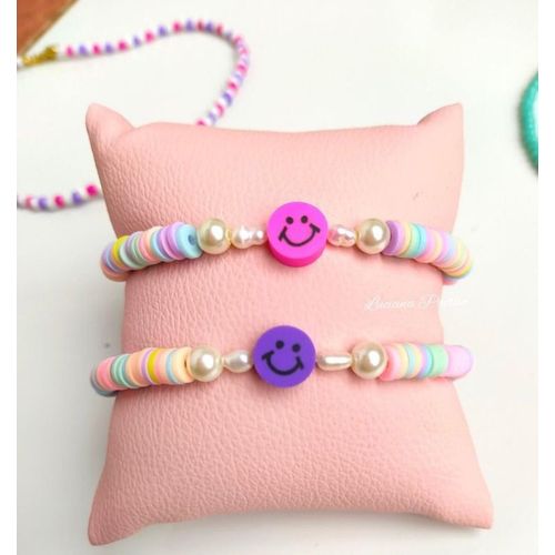 2 Bracelets Heishi Pink & Purple Smiley