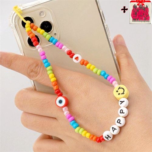 Phone Strap Happy Smiley En Perles Pour Les Telephones + Sticker Choose