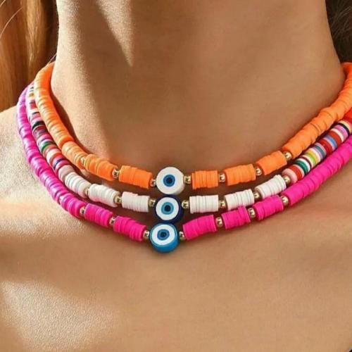 3 Colliers Orange Pink White Heishi & Eyes