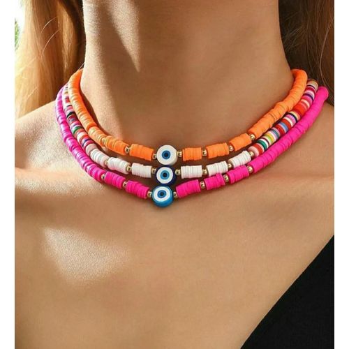 3 Colliers Orange Pink White Heishi & Eyes