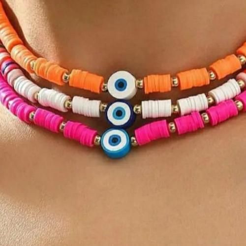 3 Colliers Orange Pink White Heishi & Eyes thumbnail 3
