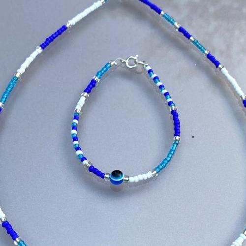 Pack Collier & Bracelet Blue & White & Blue Eye