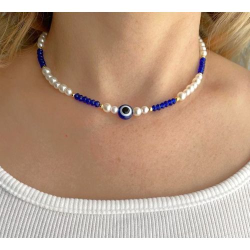 Collier Perle Classique & Bleu Cristal & Blue Eye