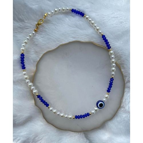 Collier Perle Classique & Bleu Cristal & Blue Eye