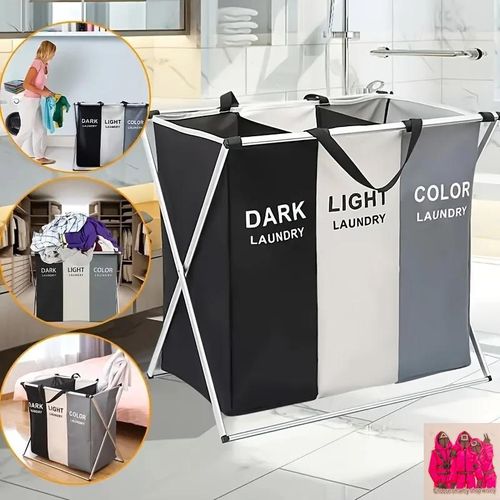 Panier À Linge Pour Vêtements Sales 3 Grilles Oxford Imperméables Portables Et Pliables + Sticker thumbnail 1