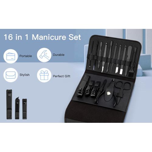 Kit De Manucure & Pédicure 16 Pièces – Compact Et Élégant Noir + Sticker
