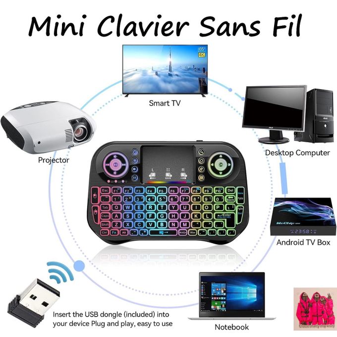Clavier Mini Sans Fil Rétroéclairé Azerty Avec Souris + Sticker