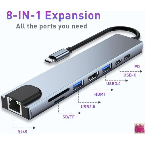 Hub Usb C 8-en-1, Adaptateur Usb C Vers 4k, Rj45 Ethernet, Pd 100w