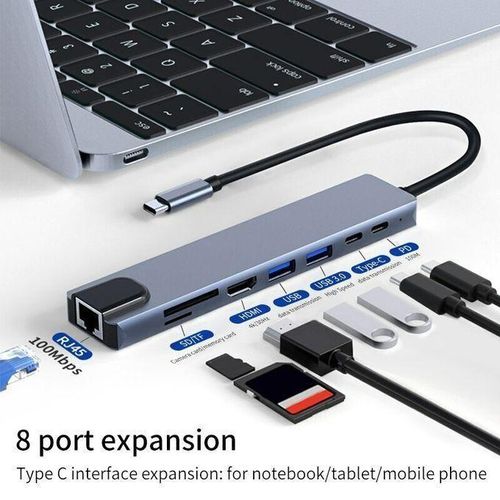 Hub Usb C 8-en-1, Adaptateur Usb C Vers 4k, Rj45 Ethernet, Pd 100w