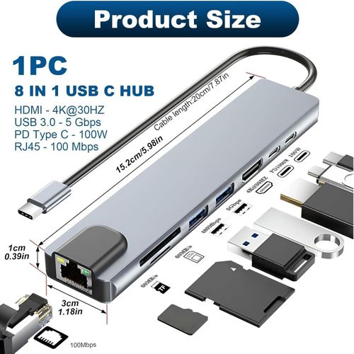 Hub Usb C 8-en-1, Adaptateur Usb C Vers 4k, Rj45 Ethernet, Pd 100w thumbnail 3