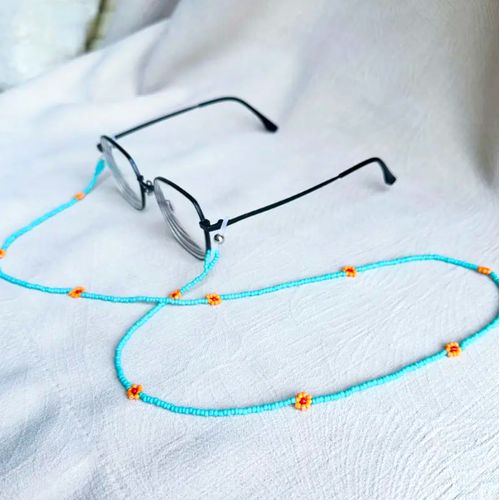 Chaîne De Lunettes Bleu Ciel & Orange Flower Beads