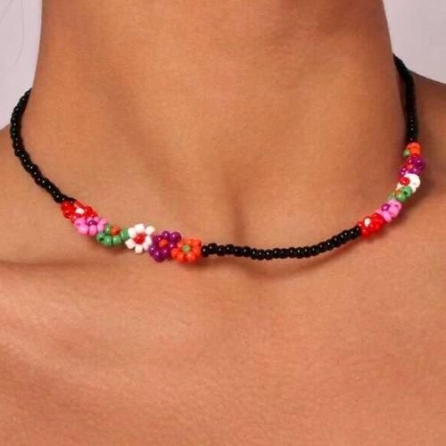 Collier Perle Noir Classique & Colorful Flower Beads
