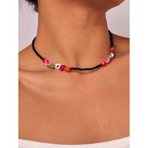 Collier Perle Noir Classique & Colorful Flower Beads