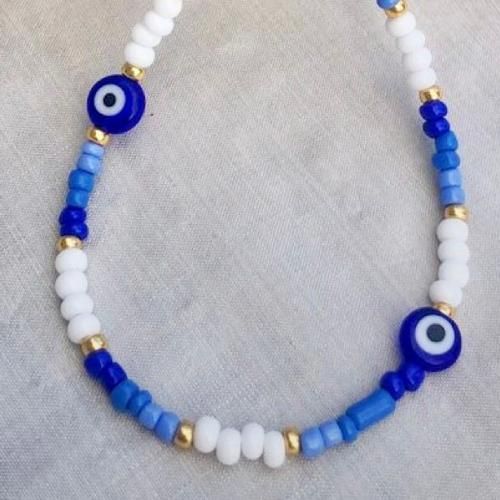 Choker Collier Œil Grec & Perle Blanc Et Bleu