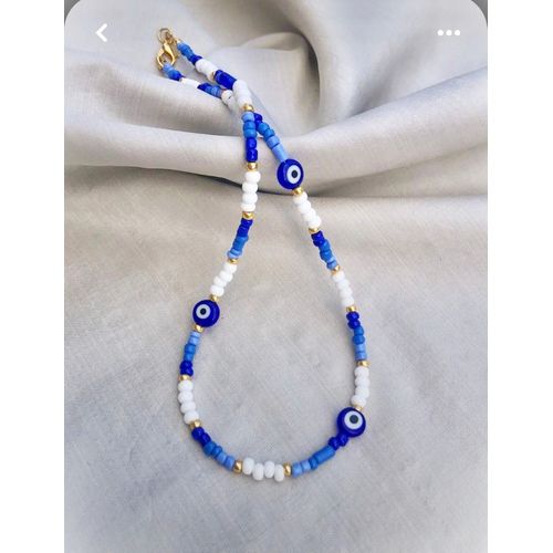 Choker Collier Œil Grec & Perle Blanc Et Bleu
