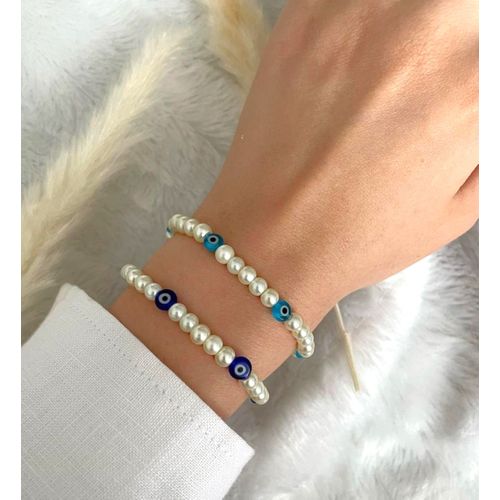 2 Bracelets Perle Blanc Classique & Blue Et Ciel Œil