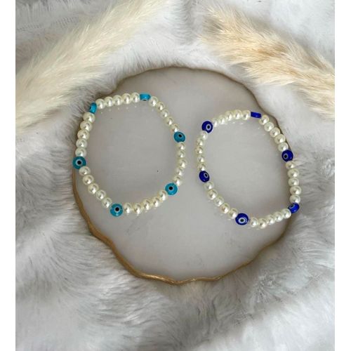 2 Bracelets Perle Blanc Classique & Blue Et Ciel Œil