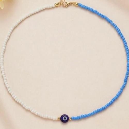 Collier Simple 1 Perle Œil Bleu Et Perle Half Bleu/blanc