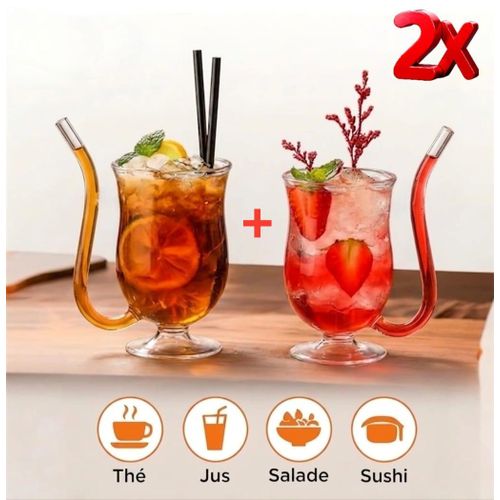 Pack 2 Verre Créatif Avec Paille, Verre À Cocktails, Tasse À Boire Du Lait, Jus De Succion, Degré De Chaleur, Haute Qualité, 200ml.