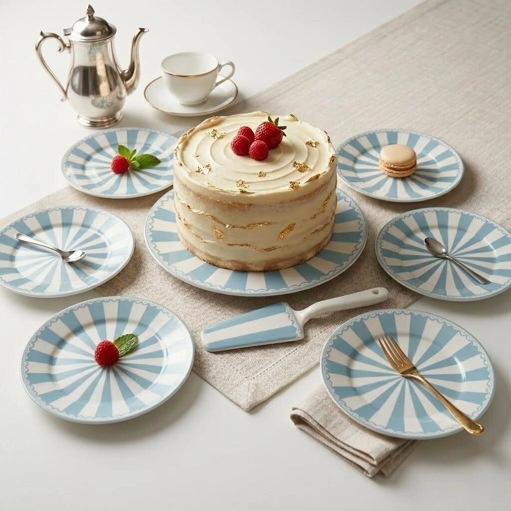 Set À Gâteau 7 Pièces En Porcelaine Bleu – Compatible Lave-vaisselle
