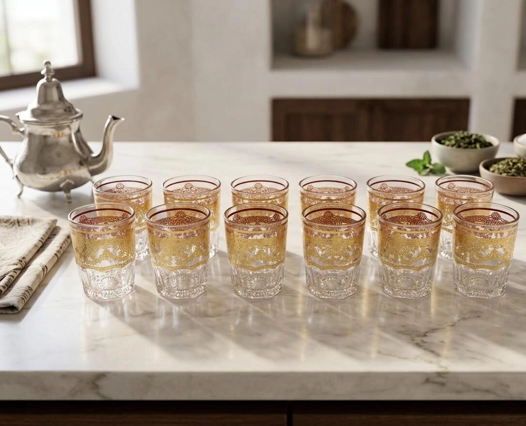 Set De 12 Verres À Thé Marocains Traditionnels Bas, Finition Dorée Et Motifs Arabesques