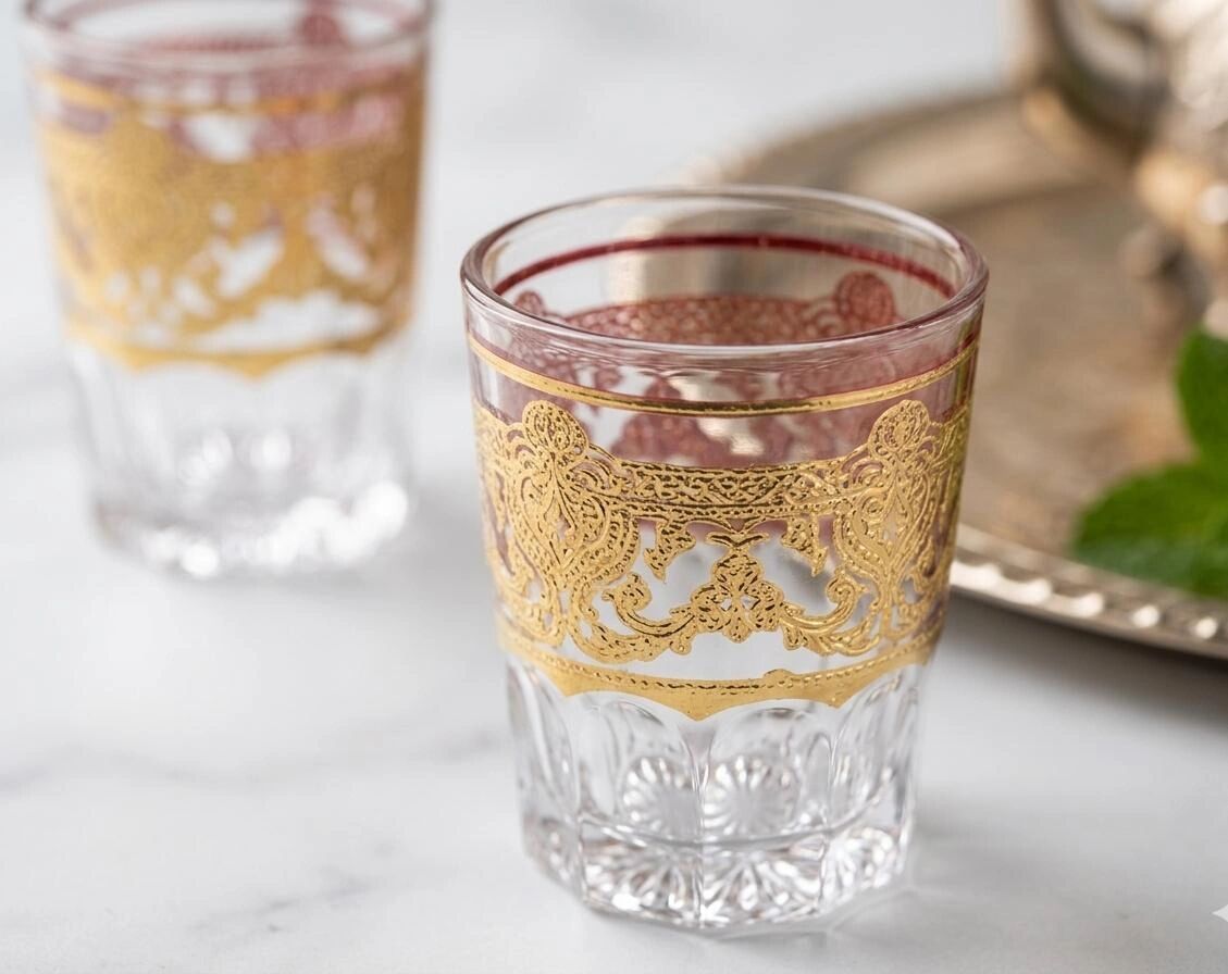 Set De 12 Verres À Thé Marocains Traditionnels Bas, Finition Dorée Et Motifs Arabesques