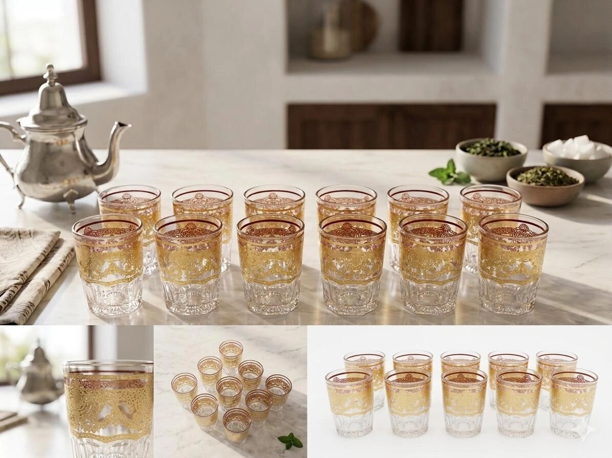 Set De 12 Verres À Thé Marocains Traditionnels Bas, Finition Dorée Et Motifs Arabesques thumbnail 3