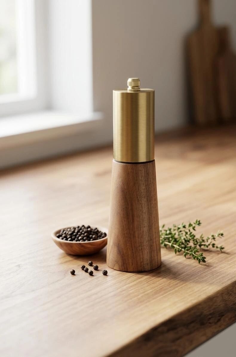 Moulin À Sel Et Poivre Manuel En Bois D’acacia Et Acier Inoxydable Doré