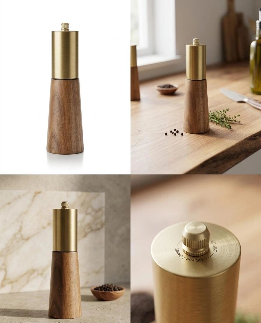 Moulin À Sel Et Poivre Manuel En Bois D’acacia Et Acier Inoxydable Doré
