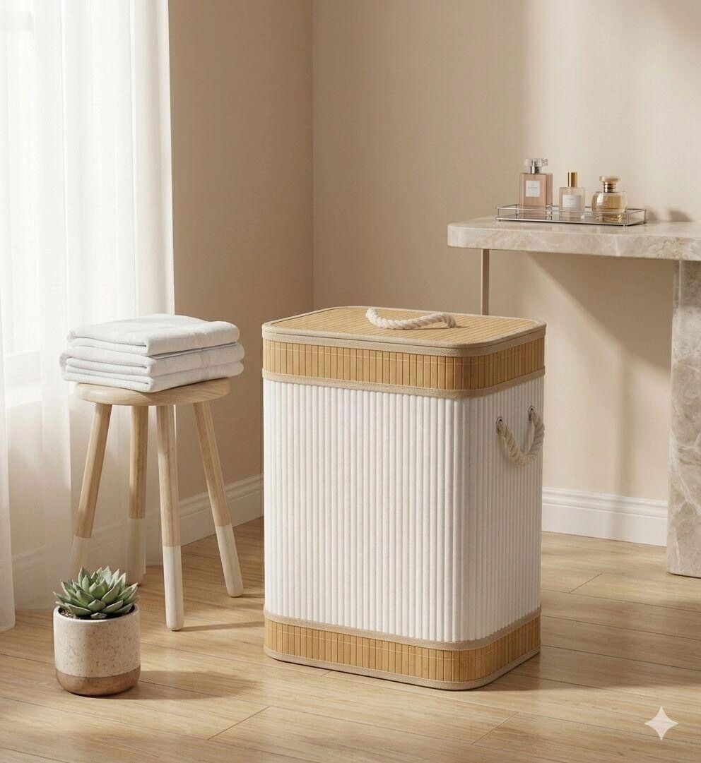 Panier À Linge Pliable En Bambou 60 L Avec Couvercle Et Doublure Intégrée