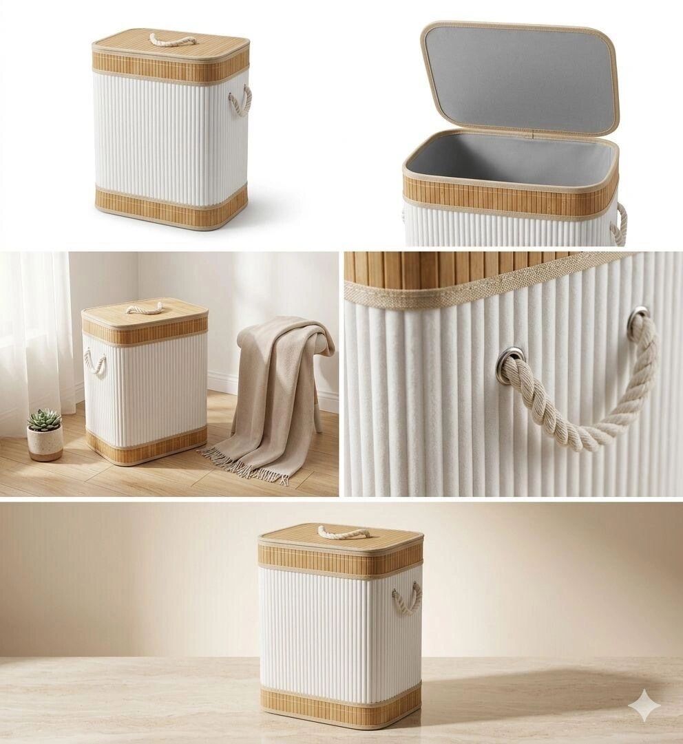 Panier À Linge Pliable En Bambou 60 L Avec Couvercle Et Doublure Intégrée