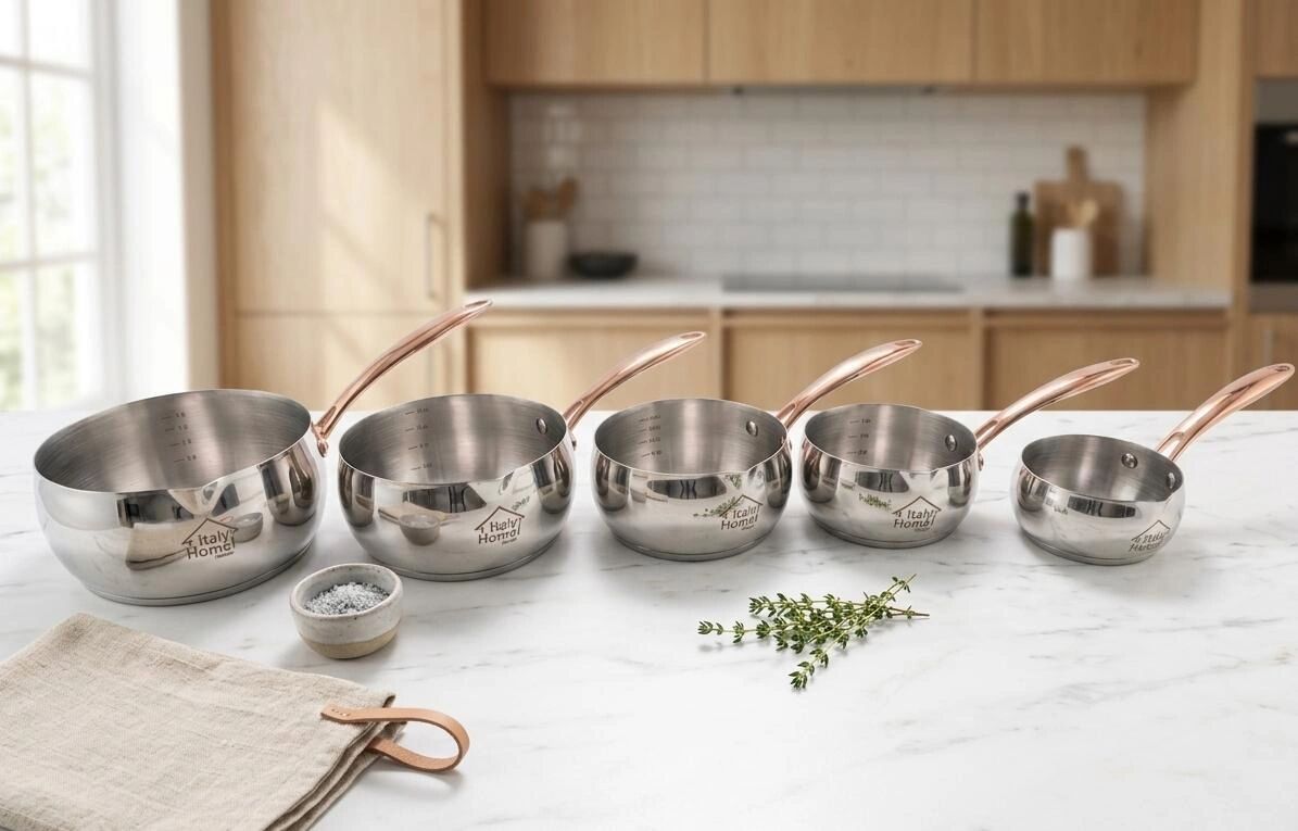 Lot De 5 Casseroles Inox 18 Crts Avec Manches Cuivrés – Design Élégant Et Graduations Internes