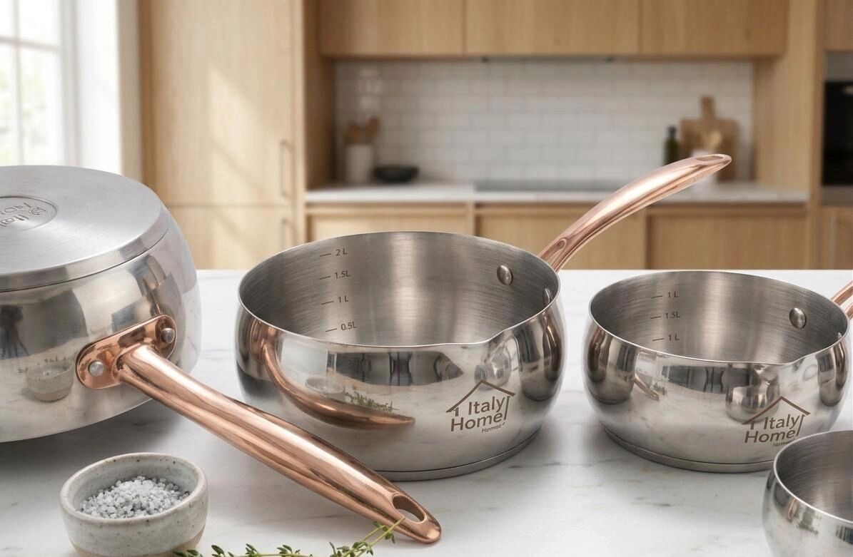 Lot De 5 Casseroles Inox 18 Crts Avec Manches Cuivrés – Design Élégant Et Graduations Internes