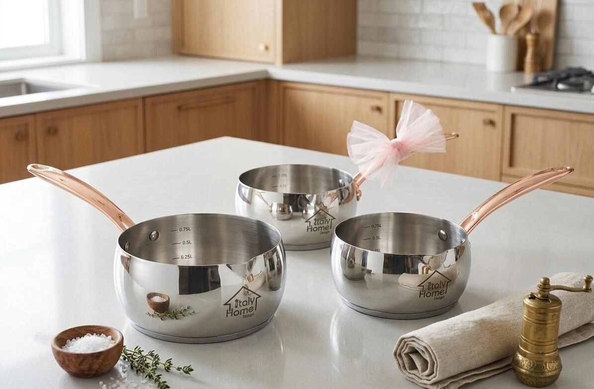 Lot De 5 Casseroles Inox 18 Crts Avec Manches Cuivrés – Design Élégant Et Graduations Internes thumbnail 4
