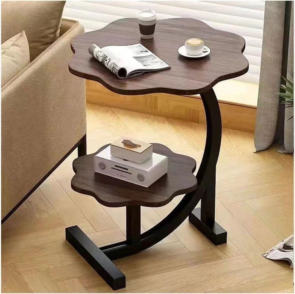 Table D’appoint En Bois Noyer, Design Pétale Avec Structure Métal Noire Et 2 Niveaux De Rangement